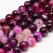 Natural Striped Agate/Banded Agate Bead Strands, Round, Dyed & Heated, Deep Pink, 8mm, Hole: 1mm, about 47~48pcs/strand, 14.5 inch(X-G-K155-A-8mm-02)