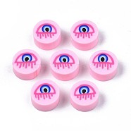 Handmade Polymer Clay Beads, Flat Round with Evil Eye, Pearl Pink, 9.5~10x4.5mm, Hole: 1.6mm(X-CLAY-N007-004-08)