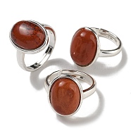 Natural Red Jasper Oval Adjustable Rings, Lead Free & Cadmium Free, Silver Plated Brass Finger Rings for Women Men, Oval: 18x14mm, Inner Diameter: 18mm(RJEW-K371-07S-11)