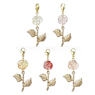5Pcs 5 Colors Rose Glass Pendant Decorations, Stainless Steel Lobster Claw Clasps Charm for Bag Key Chain Ornaments, Mixed Color, 57mm, 1pc/color(HJEW-JM01915)