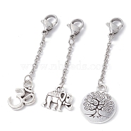 Tibetan Style Alloy Pendant Decoration, with 304 Stainless Steel Lobster Claw Clasps, Elephant/Ohm/Flat Round with Tree of Life, Antique Silver & Stainless Steel Color, 47~54x2mm, 3pcs/set.(HJEW-JM01226-04)