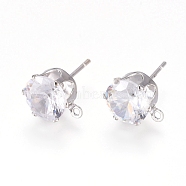 Brass Stud Earring Findings, with 316 Surgical Stainless Steel Pin, Cubic Zirconia and Loop, Long-Lasting Plated, Flat Round, Real Platinum Plated, Clear, 10x8x6mm, Hole: 1mm, Pin: 0.7mm(KK-L199-A01-P)