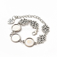 Alloy Bracelets & Anklets Making, Flower Link Bracelet with Heart Charm, Blank Cabochon Setting, Antique Silver, 9-1/2 inch(24.2cm), Round Tray: 12mm(MAK-M027-06AS)