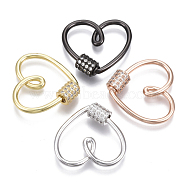 Brass Micro Pave Clear Cubic Zirconia Screw Carabiner Lock Charms, for Necklaces Making, Heart, Nickel Free, Mixed Color, 23x24.5x3.5mm, Screw: 6x7mm(ZIRC-T013-05-NF)