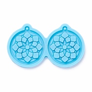 DIY Pendant Silicone Molds, for Earring Making, Resin Casting Molds, For UV Resin, Epoxy Resin Jewelry Making, Flat Round with Flower, Sky Blue, 44x77x5mm, Hole: 2mm, Inner Diameter: 39x35mm(X-DIY-M028-15)