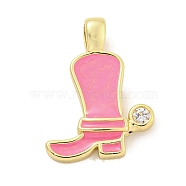 Brass with Cubic Zirconia with Enamel Pendant, Long-Lasting Plated, Lead Free & Cadmium Free, Shoes, Pink, 19.5x14.5x3mm, Hole: 3.7x2.2mm(KK-Q814-22G-01)