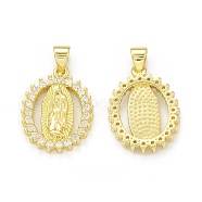 Rack Plating Eco-Friendly Brass Micro Pave Clear Cubic Zirconia Pendants, Cadmium Free & Lead Free, Long-Lasting Plated, Oval with Religion Virgin Mary Charm, Real 18K Gold Plated, 20x15.5x3mm, Hole: 4x3.5mm(KK-C011-01G)