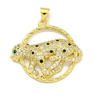 Brass Micro Pave Cubic Zirconia Pendants, Ring with Leopard Charms, Real 18K Gold Plated, 25x27.5x4.5mm, Hole: 4x3mm(KK-K354-08H-G)
