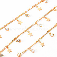 Handmade Brass Curb Chains, with Cubic Zirconia Charms, Soldered, Spool, Star, Real 18K Gold Plated, 3.3x1.5x0.3mm and 2x1.4x0.3mm, about 16.4 Feet(5m)/roll(CHC-S012-047)