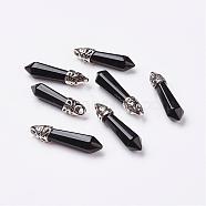 Natural Obsidian Pointed Pendants, with Platinum Tone Alloy Findings, Bullet, 33~40x8~9x8~9mm, Hole: 3x4mm(G-P309-14)