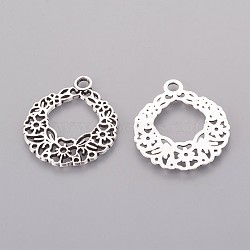 Tibetan Style Alloy Pendants, Christmas Wreath, Cadmium Free & Nickel Free & Lead Free, Antique Silver, 29x25x1.5mm, Hole: 3mm(LF9866Y-NF)