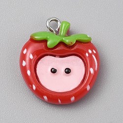 Opaque Resin Pendants, Imitation Fruit, with Platinum Zinc Alloy Loops & Plastic, Strawberry, Red, 22~22.5x20x7mm, Hole: 1.8mm(RESI-CJC0029-001D-01)