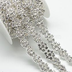 Wedding Dress Decorative Brass Rhinestone Chains, with Spool, Rhinestone Cup Chain, Flower, Silver Color Plated, Crystal, 17x6.5mm; about 5yards/roll(CHC-R127-69)