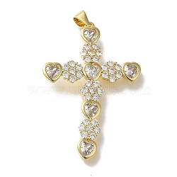 Cross Rack Plating Brass Micro Pave Clear Cubic Zirconia Pendant, Long-Lasting Plated, Lead Free & Cadmium Free, Real 18K Gold Plated, 40.5x28x3mm, Hole: 4x3mm(KK-U019-17G-02)