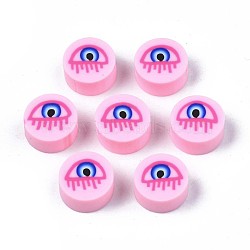 Handmade Polymer Clay Beads, Flat Round with Evil Eye, Pearl Pink, 9.5~10x4.5mm, Hole: 1.6mm(X-CLAY-N007-004-08)