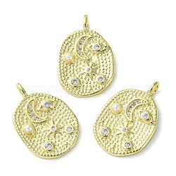 Rack Plating Brass Micro Pave Cubic Zirconia Pendants, with Plastic Pearl, Long-Lasting Plated, Lead Free & Cadmium Free, Oval Charm, Real 18K Gold Plated, 20x13x2.5mm, Hole: 2.5x2mm(KK-K332-07G)