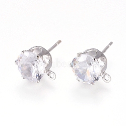 Brass Stud Earring Findings, with 316 Surgical Stainless Steel Pin, Cubic Zirconia and Loop, Long-Lasting Plated, Flat Round, Real Platinum Plated, Clear, 10x8x6mm, Hole: 1mm, Pin: 0.7mm(KK-L199-A01-P)