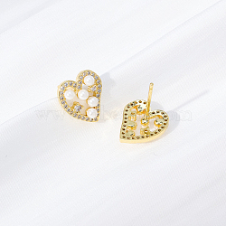 Heart Brass Clear Cubic Zirconia Stud Earrings, with Imitation Pearl, Real 18K Gold Plated, 14x12mm(ZD0180)