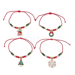 4Pcs 4 Style Christmas Theme Alloy Enamel Charm Bracelets Set, Glass Beaded Stackable Braided Bead Bracelets, Christmas Bell & Tree & Snowflake & Wreath, Mixed Color, Inner Diameter: 5/8~2-3/4 inch(1.7~7cm), 1Pc/style(BJEW-JB11087)