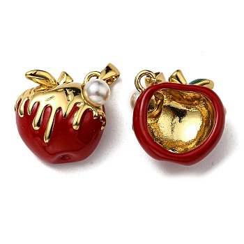 Rack Plating Brass Enamel Pendants, with Acrylic Imitation Pearl, Lead Free & Cadmium Free, Long-Lasting Real 18K Gold Plated, Apple Charm, Dark Red, 16x15x8.5mm, Hole: 4.8x2.4mm