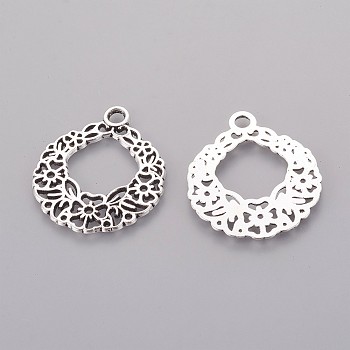 Tibetan Style Alloy Pendants, Christmas Wreath, Cadmium Free & Nickel Free & Lead Free, Antique Silver, 29x25x1.5mm, Hole: 3mm