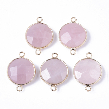 Natural Rose Quartz Links, with Light Gold Plated Edge Brass Loops, Flat Round, Faceted, Light Gold, 27.5x19x7mm, Hole: 2mm