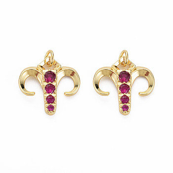 Brass Micro Pave Cubic Zirconia Pendants, Nickel Free, Real 18K Gold Plated, Aries, Medium Violet Red, 17.5x17.5x3mm, Hole: 3mm