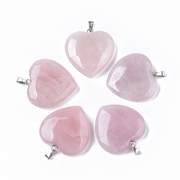 Natural Rose Quartz Pendants, with Stainless Steel Snap On Bails, Heart, Stainless Steel Color, 31x30x8mm, Hole: 5.5x2.5mm