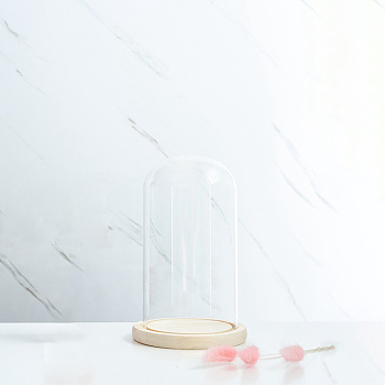 Glass Dome Cover, Decorative Display Case, Cloche Bell Jar Terrarium with Wood Base, for DIY Preserved Flower Gift, Clear, 120x220mm