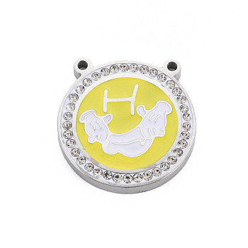 304 Stainless Steel Pendants, with Rhinestone and Enamel, Flat Round with Hand, Crystal, 20x19.5x3mm, Hole: 1.4mm
