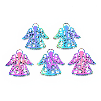 Ion Plating(IP) 201 Stainless Steel Pendants, Angel, Rainbow Color, 30x29.5x1mm, Hole: 2x4.5mm