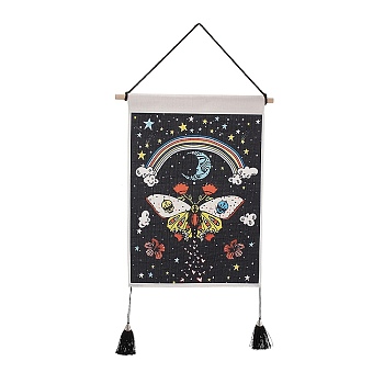 Bohemia Style Cloth Wall Hanging Tapestry, Vertical Tapestry, with Wood Rod & Iron Traceless Nail & Cord, for Home Decoration, Rectangle, Skull Pattern, 850mm
