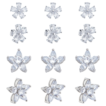 12Pcs 2 Style Brass Micro Pave Clear Cubic Zirconia Shank Buttons, Flower & Star, Platinum, 15.5x9mm and 10.5x11x6mm, 6pcs/style