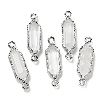 Natural Quartz Crystal Faceted Double Terminal Pointed Rock Crystal Hexagon Connector Charms, with Rack Plating Brass Findings, Platinum, 23~24x6.5x4~5mm, Hole: 1.6mm