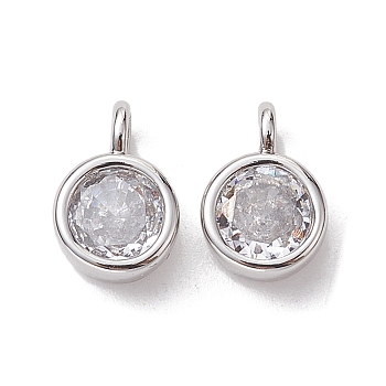Brass Micro Pave Clear Cubic Zirconia Pendants, Round Charms, Platinum, 9x6x3.5mm, Hole: 2mm