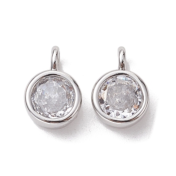 Brass Micro Pave Clear Cubic Zirconia Pendants, Cadmium Free & Nickel Free & Lead Free, Round Charms, Platinum, 9x6x3.5mm, Hole: 2mm