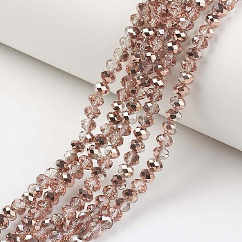 Electroplate Transparent Glass Beads Strands, Half Copper Plated, Faceted, Rondelle, Light Salmon, 3x2mm, Hole: 0.8mm, about 150~155pcs/strand, 15~16 inch(38~40cm)