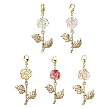 5Pcs 5 Colors Rose Glass Pendant Decorations, Stainless Steel Lobster Claw Clasps Charm for Bag Key Chain Ornaments, Mixed Color, 57mm, 1pc/color