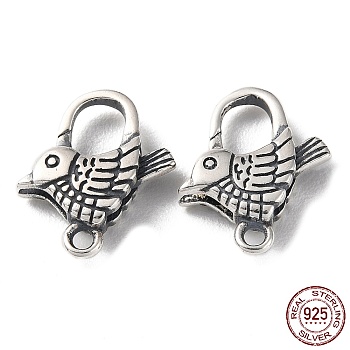 925 Thailand Sterling Silver Lobster Claw Clasps, Bird, with 925 Stamp, Antique Silver, 16.5x14x4mm, Hole: 1.6mm