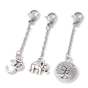 Tibetan Style Alloy Pendant Decoration, with 304 Stainless Steel Lobster Claw Clasps, Elephant/Ohm/Flat Round with Tree of Life, Antique Silver & Stainless Steel Color, 47~54x2mm, 3pcs/set.