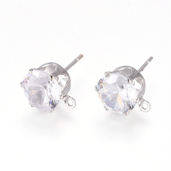 Brass Stud Earring Findings, with 316 Surgical Stainless Steel Pin, Cubic Zirconia and Loop, Long-Lasting Plated, Flat Round, Real Platinum Plated, Clear, 10x8x6mm, Hole: 1mm, Pin: 0.7mm