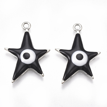 Alloy Pendants, with Enamel, Star with Evil Eye, Antique Silver, Black, 30x20.5x4mm, Hole: 2mm