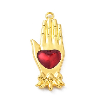 Alloy Enamel Pendants, Golden, Heart with Hand Charm, Golden, 43x15x3mm, Hole: 2.2mm
