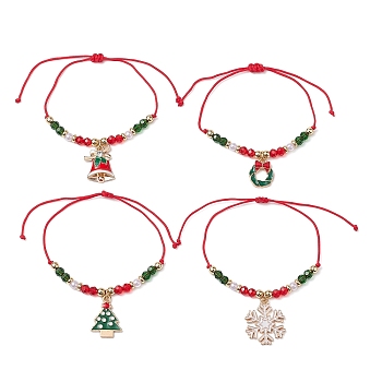 4Pcs 4 Style Christmas Theme Alloy Enamel Charm Bracelets Set, Glass Beaded Stackable Braided Bead Bracelets, Christmas Bell & Tree & Snowflake & Wreath, Mixed Color, Inner Diameter: 5/8~2-3/4 inch(1.7~7cm), 1Pc/style