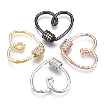 Brass Micro Pave Clear Cubic Zirconia Screw Carabiner Lock Charms, for Necklaces Making, Heart, Nickel Free, Mixed Color, 23x24.5x3.5mm, Screw: 6x7mm
