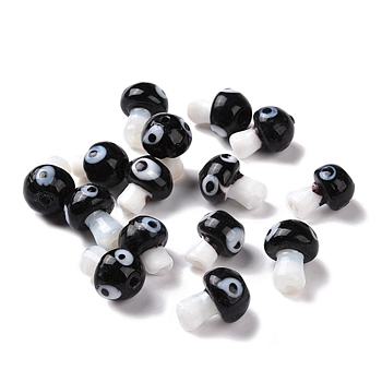 Handmade Evil Eye Lampwork Beads, Mushroom Shape, Black, 16.5~18x11.5~13x11.5~13mm, Hole: 1.6~2mm