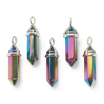 Electroplate Non-Magnetic Synthetic Hematite Pendants, with Platinum Tone Brass Findings, Bullet, Rainbow Color, 39.5x12x11.5mm, Hole: 4.5x2.8mm