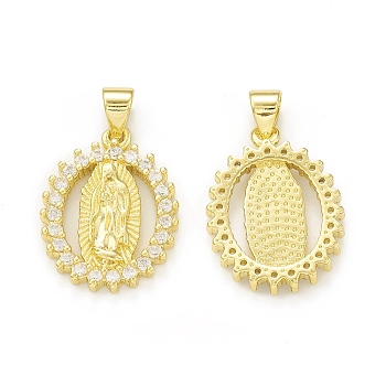 Rack Plating Eco-Friendly Brass Micro Pave Clear Cubic Zirconia Pendants, Cadmium Free & Lead Free, Long-Lasting Plated, Oval with Religion Virgin Mary Charm, Real 18K Gold Plated, 20x15.5x3mm, Hole: 4x3.5mm