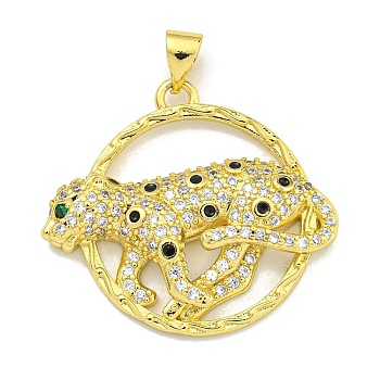 Brass Micro Pave Cubic Zirconia Pendants, Ring with Leopard Charms, Real 18K Gold Plated, 25x27.5x4.5mm, Hole: 4x3mm