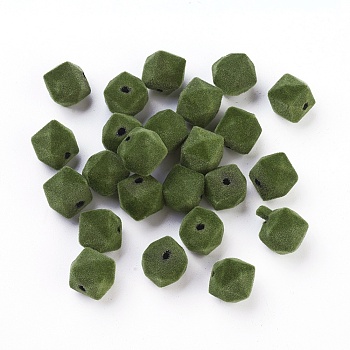 Flocky Acrylic Beads, Faceted, Cube, Dark Olive Green, 12~13mm, Hole: 2mm